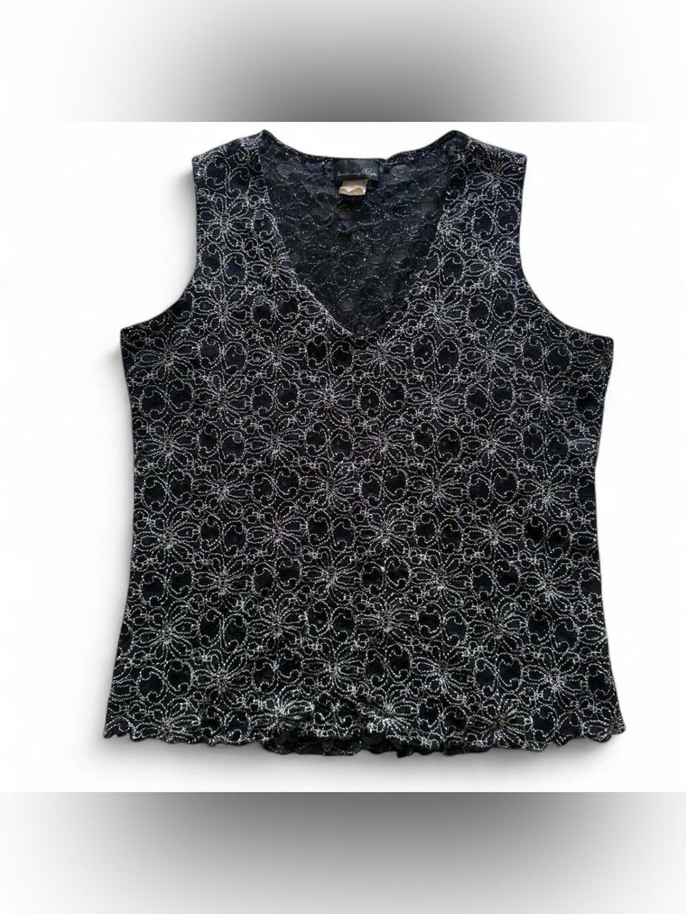 Brittany Black Y2K Sleeveless VNeck Top Black Silver Floral Lace Overlay Size XL